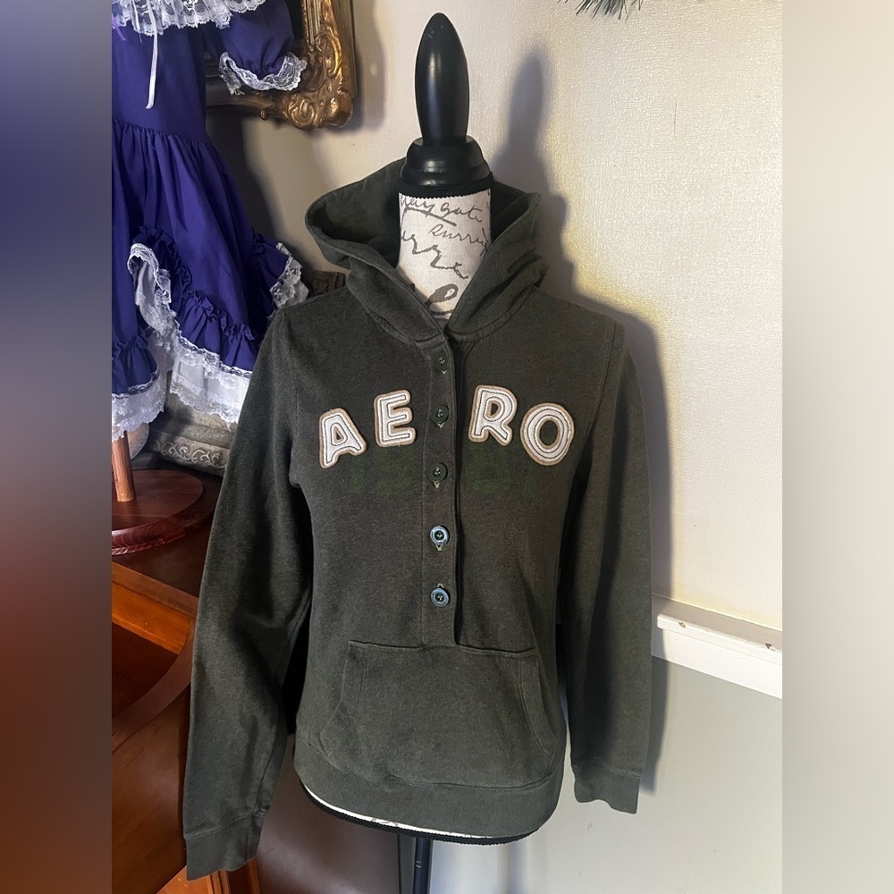 💚 Women's Aeropostale Heather Green Pullover Logo Hoodie Size S